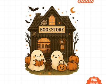 Cozy Halloween Bookshop PNG, Cute Ghost Reading Clipart, Spooky Bookstore Design, Fall Book Lover PNG, Ghost Sublimation