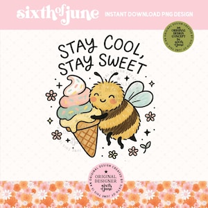 Bleiben Sie cool bleiben süß PNG, süße Biene Clipart, Eistüte Kunst, Pastell Sommer Illustration, Hand gezeichnete Biene digitaler Download, Bienen-Liebhaber-Geschenk