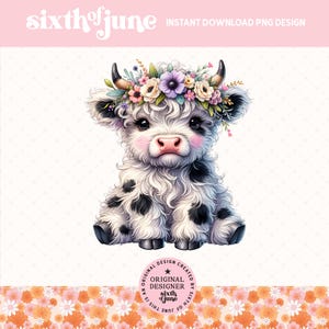 Joli design en Sublimation vache Highland, adorable bébé tendance vache couronne de fleurs des cliparts des cliparts, pays fille vache ferme Png graphiques, vache amant PNG