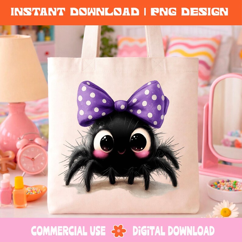 May include: A white tote bag with a cartoon spider design. The spider is black with a purple polka dot bow and large eyes. The bag has the text "INSTANT DOWNLOAD | PNG DESIGN" at the top and "COMMERCIAL USE DIGITAL DOWNLOAD" at the bottom.