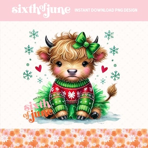 Cute Christmas Highland Cow Sublimation Design, Holiday Cow PNG for Crafts, Green Tutu and Sweater, Instant Download, Trending png, pod, dtf