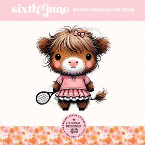Jogador de tênis fofo Highland Cow PNG, Design de clipart de vaca fofa, Design de sublimação de tênis, Adesivos de vaca bebê adoráveis, Decoração de fazenda da moda