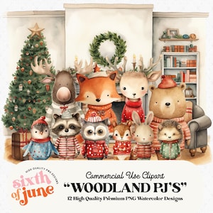 Pacchetto di clipart invernali di animali del bosco che indossano il pigiama, illustrazioni ad acquerello di boschi di Natale, clipart di animali della foresta, PNG per uso commerciale