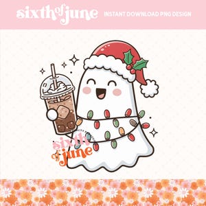 May include: A white ghost wearing a red Santa hat with a green holly sprig, holding a brown iced coffee with a white lid. The ghost is decorated with a string of colorful Christmas lights and the text "sixth of june" is written in pink and orange letters.