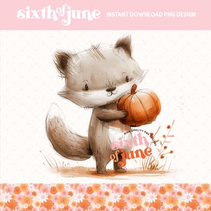 Renard mignon avec sublimation de citrouille, illustration d'animaux des bois d'automne, PDF imprimable de saison d'automne, téléchargement immédiat d'art, PNG tendance