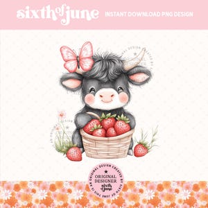 Vache Highland printanière mignonne Png, Design en sublimation de décoration printanière de ferme, vache d'été Png, vache Highland fraise, graphiques de chemise fille, amateur de vache