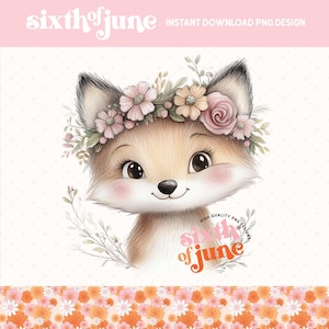 Renard mignon avec couronne de fleurs, sublimation PNG, art animalier des bois, illustration adorable de la faune, art imprimable, png tendance, dosette
