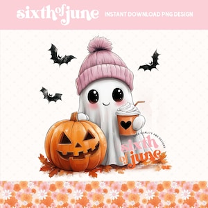 Cute Ghost with Pumpkin Halloween PNG, Adorable Ghost Sublimation Design, Cute Halloween Coffee Cup Illustration, Instant Download, Trendy