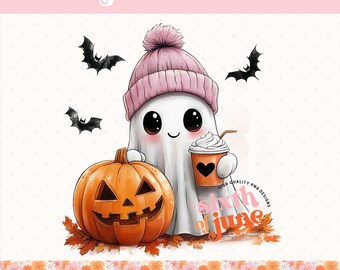 Cute Ghost PNG, Cozy Halloween Coffee Design, Pumpkin Ghost Sublimation, Fall Aesthetic Shirt PNG, Digital Download