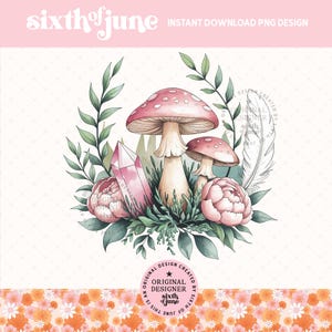 Champignon et cristal PNG, Cottagecore forêt naturel PNG, Clipart floral pastel pivoine améthyste rose Sublimation Design, Witchy Vibes PNG