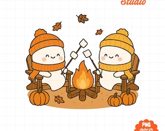 Cozy Fall Campfire PNG, Cute Ghost S’mores Design, Autumn Bonfire Clipart, Fall Sublimation, Cute Ghost PNG