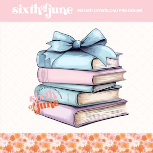 May include: A stack of five books tied together with a blue ribbon. The books are in shades of pink, blue, and purple. The top book has the text "sixth of june" in a circle.