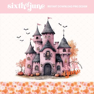 Różowy nawiedzony zamek sublimacja projekt, Halloween Spooky Castle PNG, Clipart do projektów DIY, Pobieranie cyfrowe, Sztuka ścienna, Kubek, Torba