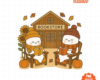 Cozy Fall Bookstore PNG, Cute Ghost Reading Clipart, Autumn Book Lover Design, Fall Bookish Sublimation, Cute Ghost PNG