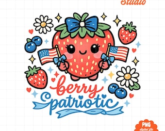 Berry Patriotic Clipart PNG, Cute Strawberry Fourth of July Design, Kawaii USA Berry Graphic, Summer Patriotic Sublimation Download