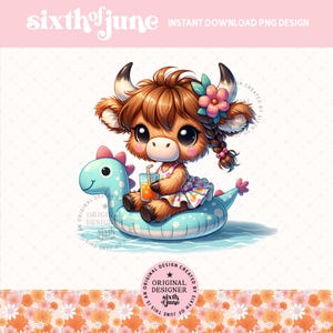 May include: A cartoon illustration of a brown Highland cow wearing a pink and white floral dress and a flower crown. The cow is sitting on a blue inflatable dinosaur pool float in a pool of water. The image has a pink and orange floral pattern border.