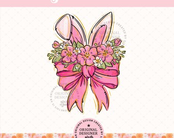 Coquette Bunny Bow png, Pink Floral Bow png, Cute Girly Aesthetic png, Bunny Ears Bow Design, Feminine Trendy Bow Clipart
