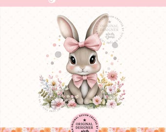 Coquette Easter Bunny PNG, Cute Bunny Bow Design, Girly Aesthetic Bunny PNG, Pastel Floral Easter Clipart, Soft Feminine PNG
