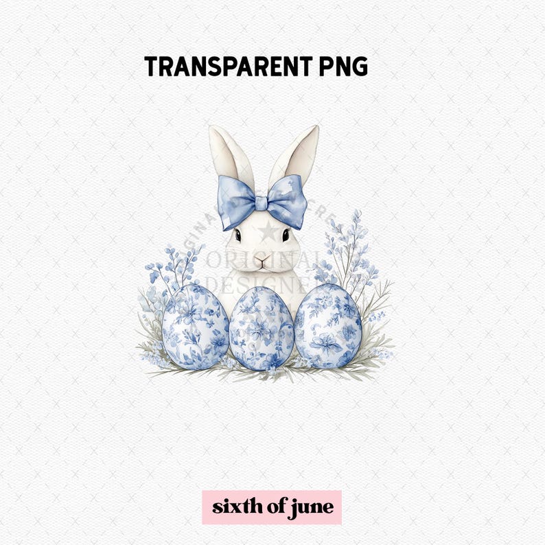May include: A white bunny with a blue bow sits in a nest of blue and white patterned Easter eggs. The bunny is looking at the viewer. The background is a light blue and white pattern.