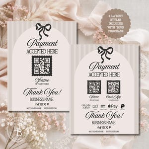 Puede incluir: Dos letreros de pago rectangulares con parte superior arqueada, fondos beige a rayas y texto negro. Cada letrero presenta un icono de lazo, códigos QR y el texto Payment ACCEPTED HERE, Thank You!, BUSINESS NAME e iconos de redes sociales.
