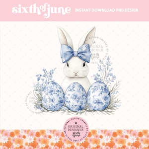 Chinoiserie konijntje met blauwe bloemen, vrolijk Pasen png, Grand Millennial Easter png, blauw toile paaskonijn png, meisjes, paascoquette png