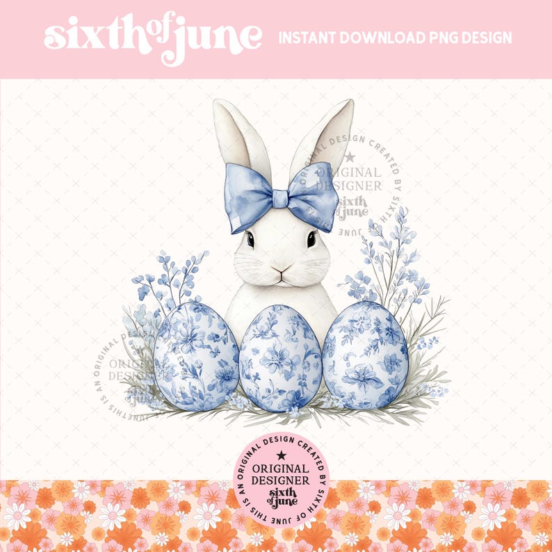 May include: A white bunny with a blue bow sits in a nest of blue and white floral patterned Easter eggs. The bunny is surrounded by green leaves and white flowers.