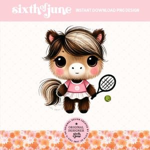 Pônei jogador de tênis fofo PNG, Design de clipart de pônei kawaii, Design de sublimação, Adesivos de cavalo bebê adoráveis, Decoração de floresta da moda, Sacola