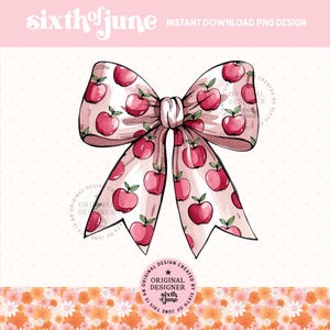 Pode incluir: Um laço rosa com um padrão de maçãs vermelhas e folhas verdes. O laço é amarrado no centro e tem caudas longas e esvoaçantes. O texto "sixth of june" e "instant download png design" são visíveis.