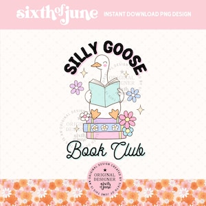 K&ouml;nnte beinhalten: Eine wei&szlig;e Gans mit einer rosa Schleife sitzt auf einem Stapel bunter B&uuml;cher. Die Gans h&auml;lt ein blaues Buch in der Hand und hat eine Gedankenblase &uuml;ber ihrem Kopf, auf der "Silly Goose Book Club" steht.
