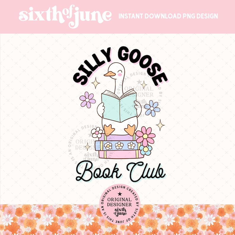K&ouml;nnte beinhalten: Eine wei&szlig;e Gans mit einer rosa Schleife sitzt auf einem Stapel bunter B&uuml;cher. Die Gans h&auml;lt ein blaues Buch in der Hand und hat eine Gedankenblase &uuml;ber ihrem Kopf, auf der "Silly Goose Book Club" steht.
