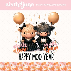 Niedliches Kuh-Paar Happy Moo Jahr Luftballons PNG, Neujahr 2025 Sublimationsdesign, Wunderliche Highland Kuh Clipart, Trendy Neujahr PNG, POD