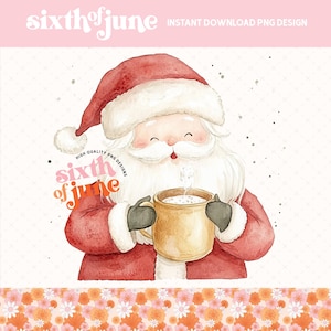 May include: A watercolor illustration of Santa Claus wearing a red suit and a white hat, holding a mug of hot chocolate. The background is a white and gray pattern.