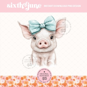 Cochon mignon Png, Noeud de coquette turquoise, dessins de cochons, clipart animaux de la ferme, Art bébé cochon, sublimation de la ferme, bébé cochon mignon, fille de la ferme Png