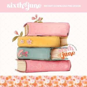 Könnte beinhalten: Ein Stapel von vier Büchern mit rosa, gelben, blauen und rosa Einbänden. Die Bücher sind mit floralen Mustern verziert und das oberste Buch hat einen kleinen Strauß rosa Blumen. Der Hintergrund ist ein weißes Muster mit einem Rand aus orangefarbenen, rosa und weißen Blumen.