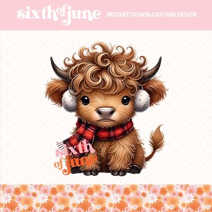 Schattige Highland Cow winter clipart met geruite sjaal en oorbeschermers, Highland Cow PNG voor sublimatie, schattige boerderijdieren digitale download, POD