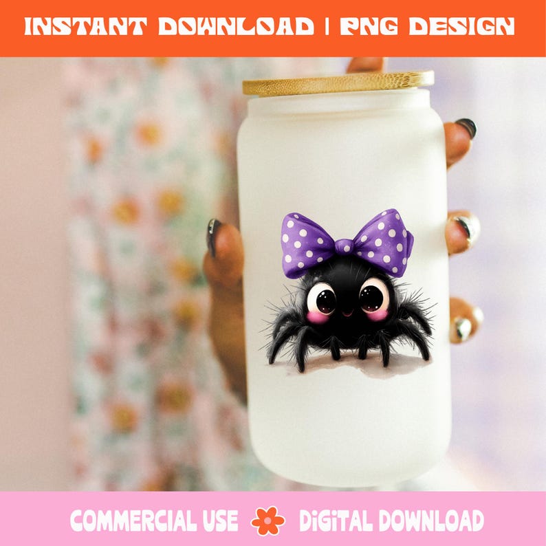 May include: A white glass tumbler with a bamboo lid, decorated with a cartoon spider wearing a purple polka dot bow. The spider has large eyes and a smiling expression. The text "INSTANT DOWNLOAD | PNG DESIGN" is at the top.