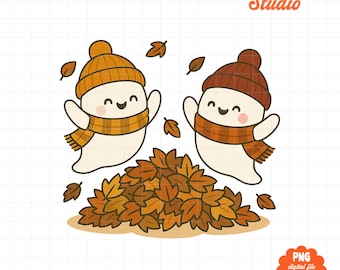 Ghosts Jumping in Leaves PNG, Cozy Fall Ghost Design, Autumn Leaves Clipart, Cute Ghost Fall PNG, Seasonal Sublimation