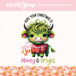Cute Mooey & Bright Christmas Cow PNG para presentes de sublimação, Funny Cow Festive Holiday PNG, Trending Christmas Holiday Graphics, POD, dtf