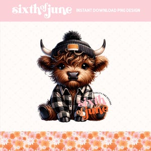Süßes Highland Kuh PNG, Kawaii Highland Kuh Design, Mütze, Kuh Sublimation, entzückende Baby Kuh Aufkleber, trendiges Bauernhaus Dekor, POD