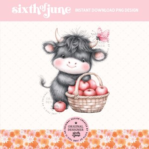Vache Highland printanière mignonne Png, Design en sublimation de décoration printanière de ferme, vache d'été Png, vache Highland Apple, graphiques de chemise fille, amateur de vache PNG