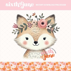 Renard mignon avec couronne de fleurs PNG, sublimation animale, art créature des bois, décoration de chambre d'enfant imprimable, téléchargement immédiat, renard tendance
