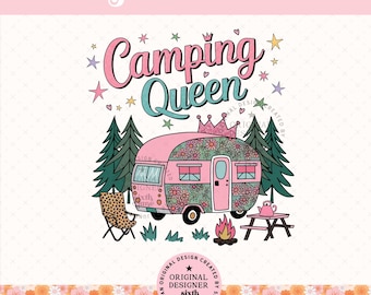 Camping Queen png, Cute Camper Girl Design, Girly Camping Aesthetic, Retro Camper Van png, Camp Life png