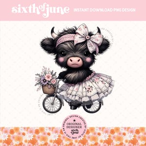 Cute Spring Highland Cow Png, Farm Spring Decor Sublimation Design, Summer Cow Png, Bicicleta Highland Cow, Gráficos de camisa de menina, Amante de vaca Png