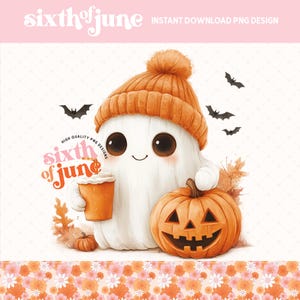 Uroczy duch Halloween z dynią PNG, projekt sublimacji, jesienny klipart świąteczny, ilustracja strasznego sezonu, miłośnik kawy, miłośnik kawy