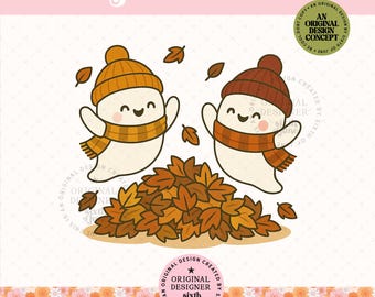 Ghosts Jumping In Leaves PNG, Fall Ghost Sublimation Design, Halloween Autumn Clipart, Cute Ghost Digital Download, Pumpkin Patch Art, DTF