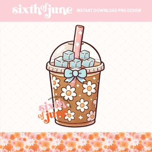 Diseño de sublimación de café helado PNG, imágenes PNG de amantes del café de moda para manualidades, clipart de bebida helada de margaritas lindas para proyectos de bricolaje, descarga digital