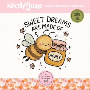 Sweet Dreams Honey Bee PNG, Sleepy Bee Clipart, Cozy Bee Quote Art, Ręcznie rysowana ilustracja pszczoły, Pastel Nursery Digital Download, Bee Lover