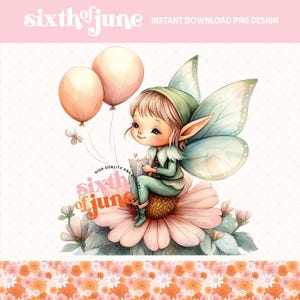 Niedliche Fee Lese auf Blume PNG Sublimationsbild, wunderliche Ballon und Schmetterling Kunstwerk, sofortiger digitaler Download, Wandkunst, Aufkleber