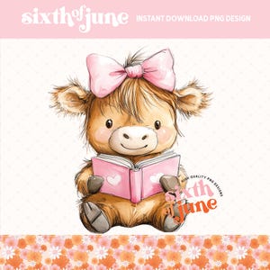 Süße Baby Kuh Lesebuch, Rosa Schleife Sublimationsdesign, digitaler Download PNG, entzückende Tierkunst, Kinderzimmer Dekor, Scrapbooking, Wandkunst