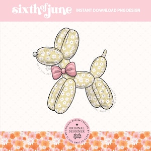 Cute Retro Daisy Print Coquette Balloon Dog Png Sublimation Design, Kids Invitation Party Balloon Animal, Preppy Girly Graphics Dog Lover